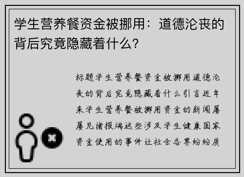 学生营养餐资金被挪用：道德沦丧的背后究竟隐藏着什么？